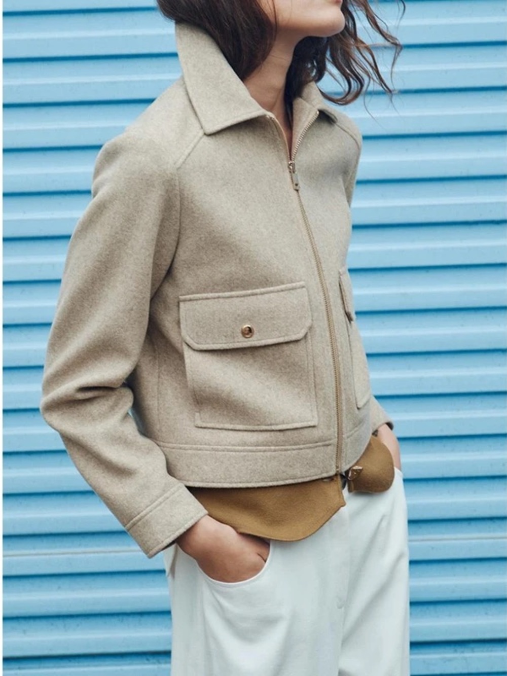 Zara Beige Wool Zip Jacket - Casual Crop Coat size Large - Picture 12 of 12